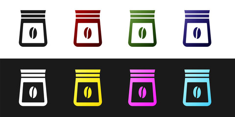 Set Bag of coffee beans icon isolated on black and white background. Vector