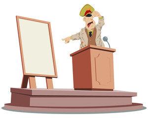 Angry general speaks on podium. Illustration for internet and mobile website.