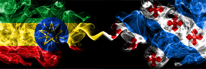 Ethiopia, Ethiopian vs United States of America, America, US, USA, American, Rockville, Maryland smoky mystic flags placed side by side. Thick colored silky abstract smoke flags.