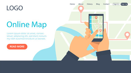 Landing Page Template Composition. Flat Cartoon Style Illustration With Text And Objects. Online City Map Concept Art. Two Hands Holding Smartphone With Navigator GPS On Screen. Writings And Buttons