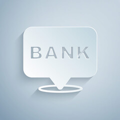 Paper cut Bank building icon isolated on grey background. Paper art style. Vector