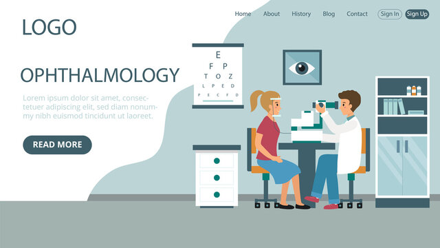 Ophthalmology Clinics Vector Illustration. Flat Style Conceptual Composition. Webpage Landing Template Design With Objects And Text. Hospital Cabinet Interior, Doctor In White Robe Testing Patient