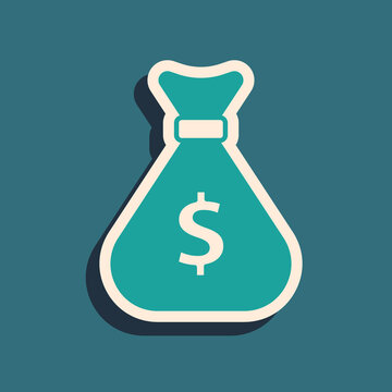 Green Money bag icon isolated on green background. Dollar or USD symbol. Cash Banking currency sign. Long shadow style. Vector