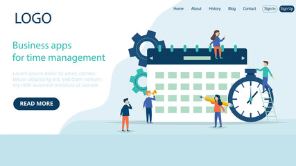 Website Landing Page Template Layout On Business Time Management Application Concept. Flat Cartoon Style Illustration With Text And Buttons. Group Of People Near Big Calendar And Timer Clock Objects