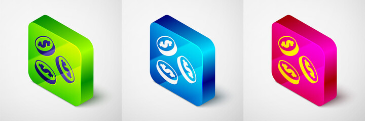 Isometric Coin money with dollar symbol icon isolated on grey background. Banking currency sign. Cash symbol. Square button. Vector