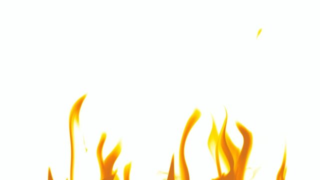 video with bright orange fire with sparks isolated on white background