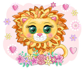 Cartoon lion with expressive eyes. Wild animals, character, childish cute style