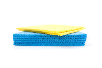 blue and yellow sponge napkins for cleaning on a white background,
