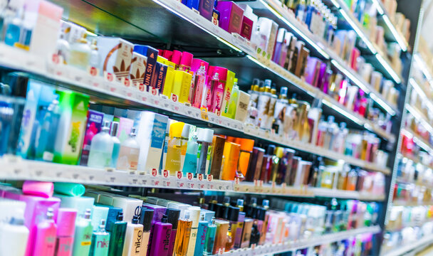 Cosmetics and skincare products put up for sale in a beauty stor
