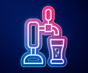 Glowing neon line Beer tap with glass icon isolated on blue background. Vector