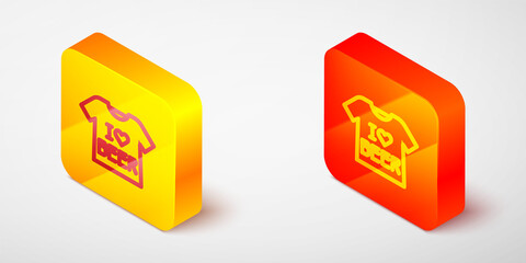 Isometric line Beer T-shirt icon isolated on grey background. Yellow and orange square button. Vector