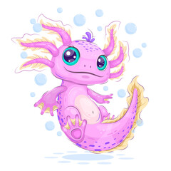 Cute cartoon axolotl.
Illustration of a cute cartoon axolotl surrounded by transparent bubbles. Positive and unique design. Use the product to print on clothing, accessories, party decorations, labels
