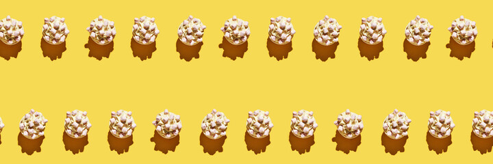 Milky cream cupcake. Birthday sweet bakery. Cookies. Yummy buttercream dessert. Wedding party food. Yellow background. Holiday recipe. Anniversary gourmet. Many different. Marshmallow. Trendy pattern