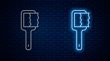 Glowing neon line Sauna brush icon isolated on brick wall background. Wooden brush with coarse bristles for washing in the bath. Anti cellulite massage. Vector