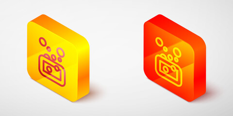 Isometric line Bar of soap icon isolated on grey background. Soap bar with bubbles. Yellow and orange square button. Vector