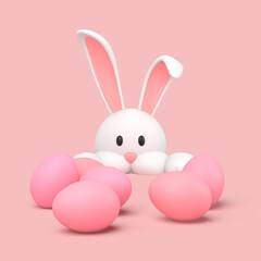 3d simple easter bunny rabbit hiding and spies on pink painted egg on pink pastel background 3d illustration. Easter holiday.