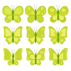 Fototapeta na wymiar Set of cute cartoon butterflies in monochrome light green, isolated on white background. Insect stencils for postcards, children's textiles, wallpaper. Butterfly Protection Day. Vector illustration