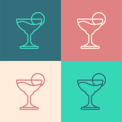 Pop art line Margarita cocktail glass with lime icon isolated on color background. Vector