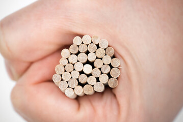 Wooden sticks in a female hand close up.
