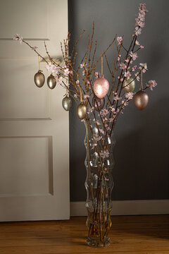 .Traditional Easter tree with eggs.Modern minimalistic Easter decor.