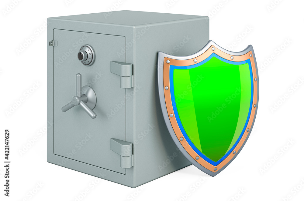 Poster safe box combination with shield, 3d rendering