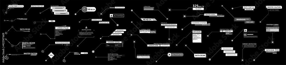 Poster Tech digital and UI Callouts titles in futuristic HUD style. Vector bar labels, information call box bars and digital info. Futuristic User Interface Callouts titles template. info boxes HUD. Vector