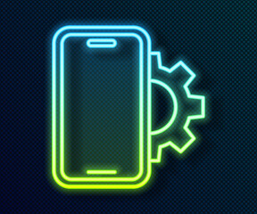 Glowing neon line Phone repair service icon isolated on black background. Adjusting, service, setting, maintenance, repair, fixing. Vector