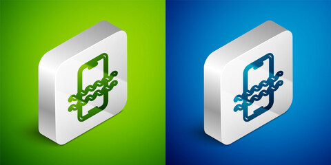 Isometric line Waterproof mobile phone icon isolated on green and blue background. Smartphone with drop of water. Silver square button. Vector