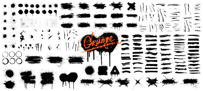 Diverse set of black paint - ink brush strokes, brushes, lines, spray, ink splash , mud and other Dirty artistic design elements. Spray graffiti stencil template ink brush strokes, lines. Vector set