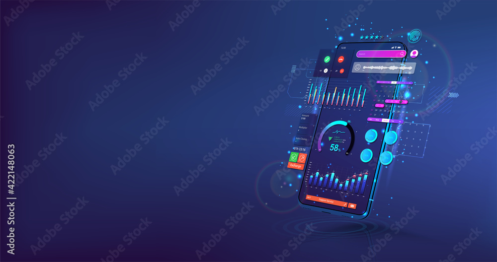 Aufkleber Mobile App with colored design. Creation of a mobile application. Mockup UI and presentation App. 3D realistic gadget with User Interface. UI, UX, KIT and Web concept. Modern Vector illustration 