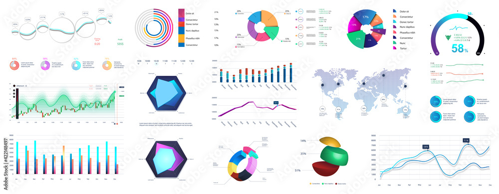 Poster graphic set charts, infographics and diagrams. colorful infocharts and infographic with detailed sta