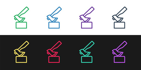 Set line Wooden axe icon isolated on black and white background. Lumberjack axe. Vector