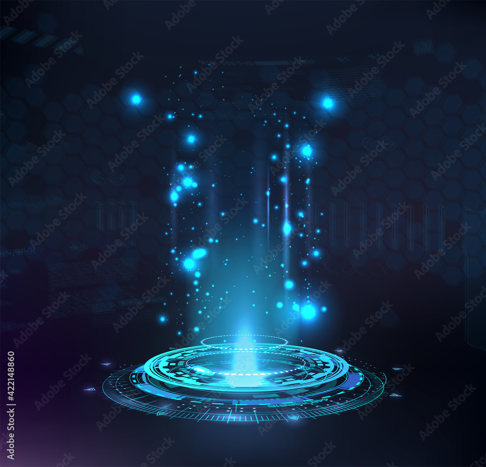 Poster magic portal, hologram, circle teleport or sci-fi gadget. high-tech projector in hud style. futurist