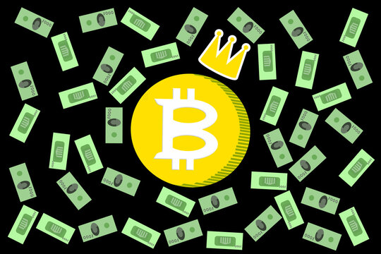 Golden bitcoin symbol with a crown and a lot of 1000 money bills on a black background.