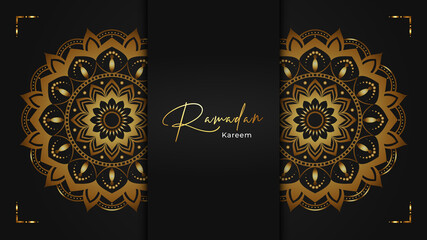 Luxury Ramadan Kareem mandala background with gold and black ornamental. Decorative mandala for print, cover, brochure, flyer, poster, banner