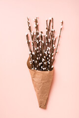 Happy Easter. Packaging with a bouquet of pussy willow on a pink background. Vertical view