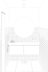 Sketch of the modern narrow bathroom with tiles on the walls, with a round mirror above the washbasin with a cabinet, towel,  tiled floor, door. Front view. 3d render