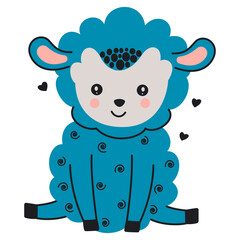 A blue little pretty lamb sits and smiles. Scandinavian style. Isolated white background. For printing on children's clothing, sticker, postcard, nursery decor. Vector.