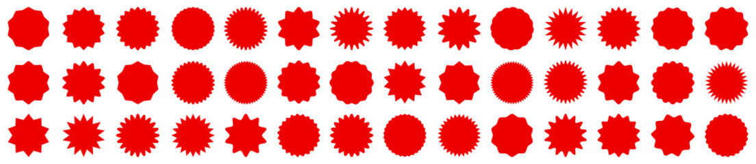 Set of red price sticker, sale or discount sticker, sunburst badges icon. Stars shape with different number of rays. Special offer price tag. Red starburst promotional badge set, shopping labels.