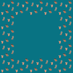 Square kids frame with place for text of cartoon African buffalos, African fennec foxes, and bongo antelopes with ruddy cheeks on a blue background. Copy space. Vector.