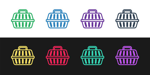 Set line Pet carry case icon isolated on black and white background. Carrier for animals, dog and cat. Container for animals. Animal transport box. Vector