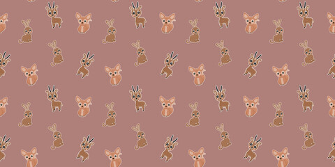 Seamless pattern of joyful little African bush hares, fennec foxes, Dorcas gazelles with white outlines on a grayish pink background. Vector.