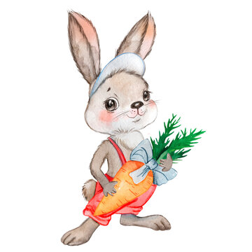 Watercolor illustration of a rabbit with a carrot in its paws, rabbit in red clothes 
