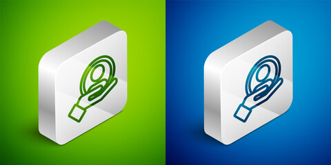 Isometric line Hand for search a people icon isolated on green and blue background. Recruitment or selection concept. Search for employees and job. Silver square button. Vector