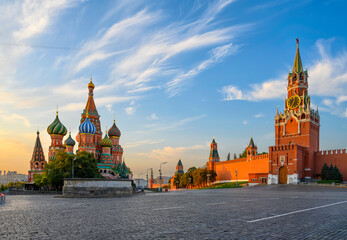 Saint Basil's Cathedral, Spasskaya Tower and Red Square in Moscow, Russia. Architecture and landmarks of Moscow.