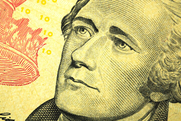 Alexander Hamilton close-up shot from ten dollar banknote