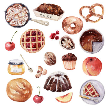 Watercolor Food Desserts Illustrations, Bakery Elements
