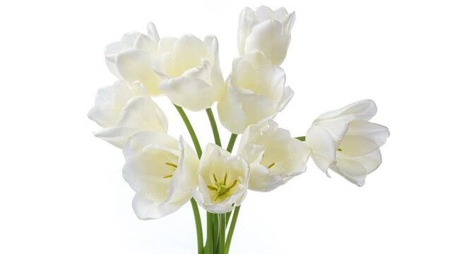 Beautiful white tulip flowers background. White tulips on white background, close-up. Holiday bouquet. Wedding backdrop, Valentines Day, Easter, Birthday concept. Springtime