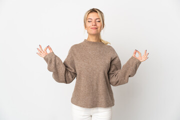 Young Russian woman isolated on white background in zen pose