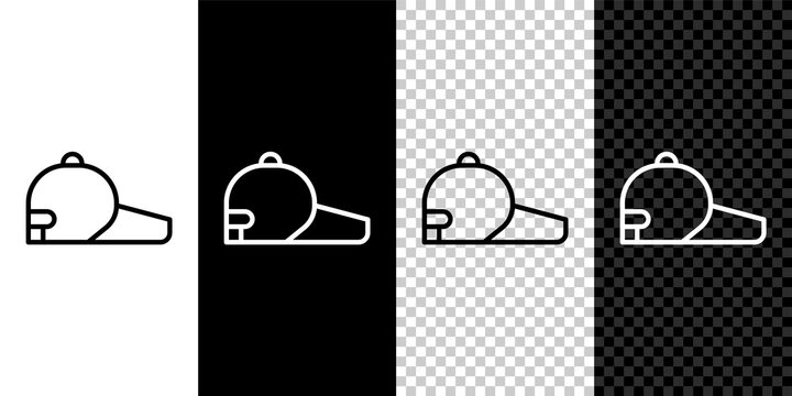 Set line Baseball cap icon isolated on black and white, transparent background. Sport equipment. Sports uniform. Vector